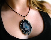 Wire Wrapped Blue Agate Necklace - Sterling Silver - Geode Agate Slice Pendant - OOAK, Fine Jewelry