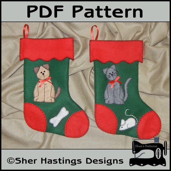 PDF Pattern for Felt Pets Stockings - Cat & Dog Christmas Stocking - Tutorial, DIY