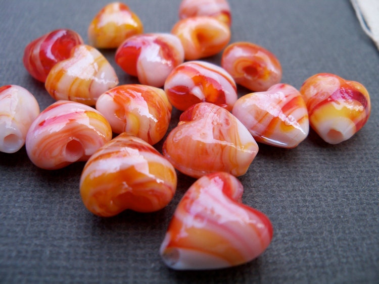 Lampwork Glass Heart Beads, Red, White Swirls 8 pcs