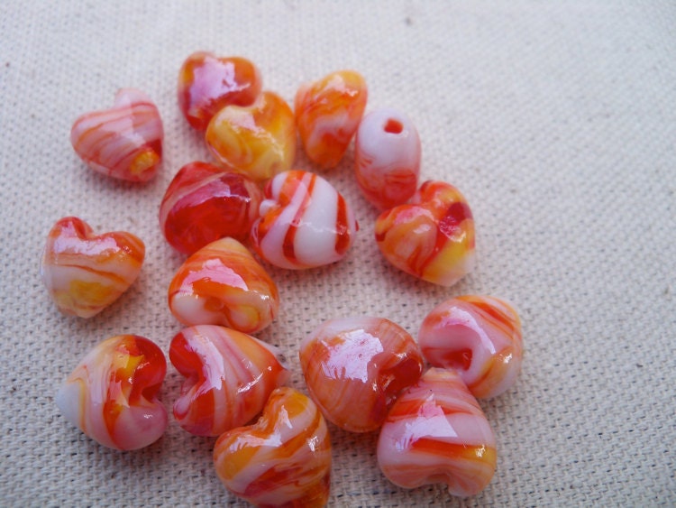 Lampwork Glass Heart Beads, Red, White Swirls 8 pcs