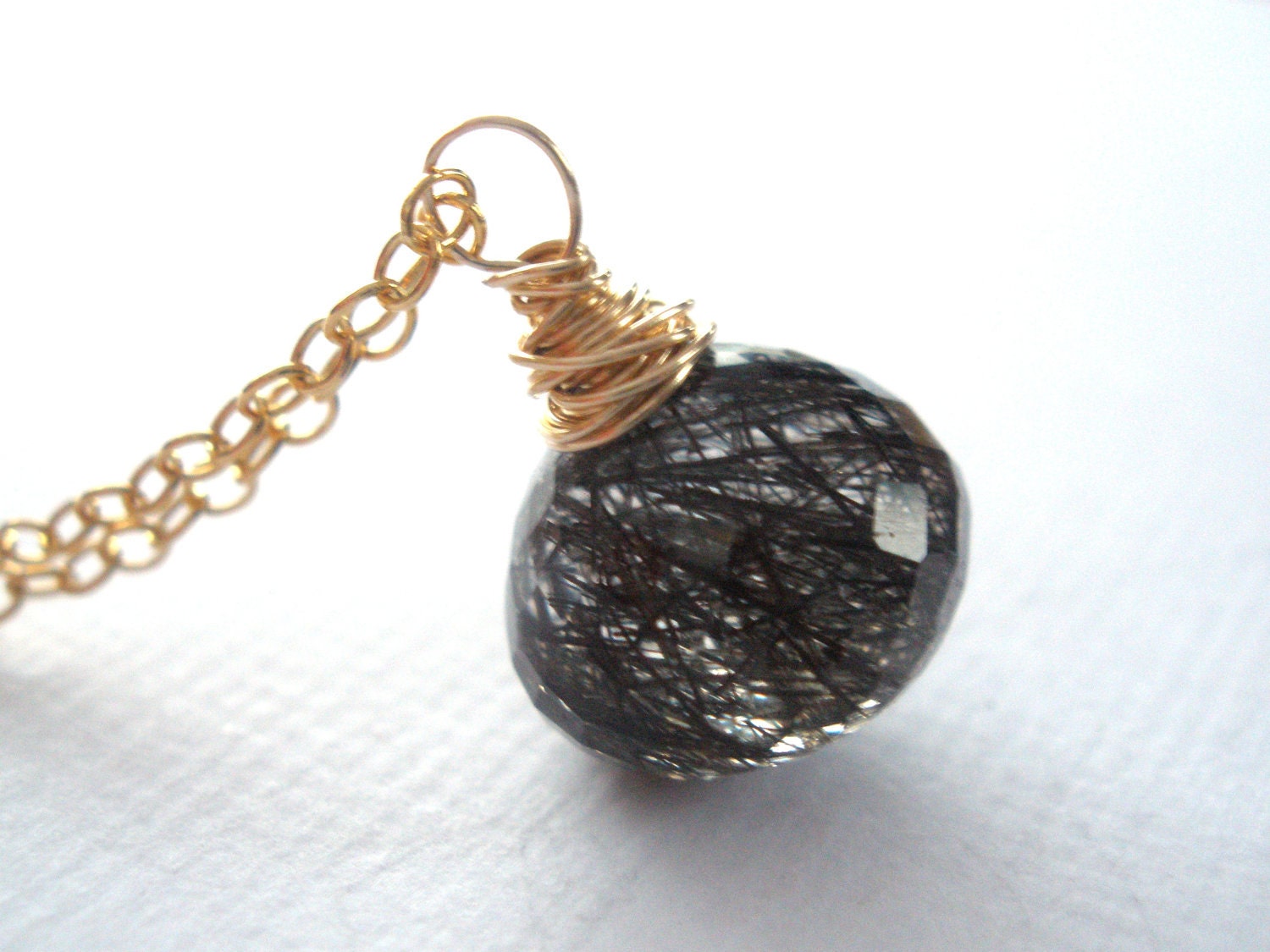Tourmalinated Quartz Necklace, Gold Filled Necklace, Black Necklace, Rutilated Quartz, Weddings, Onion Briolette, Crystal, Wire Wrapped