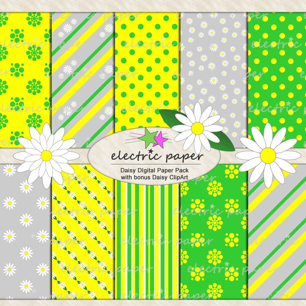 Daisy Digital Paper with bonus Daisy Clipart - Green Yellow and White Daisy Flowers - Instant Download