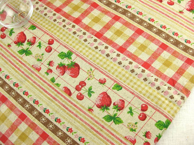 L030D - Cotton Linen Fabric - Stripe - Strawberry, Cherry, Apple and Lattice - yellow  - 21" x 19" (55x50cm)
