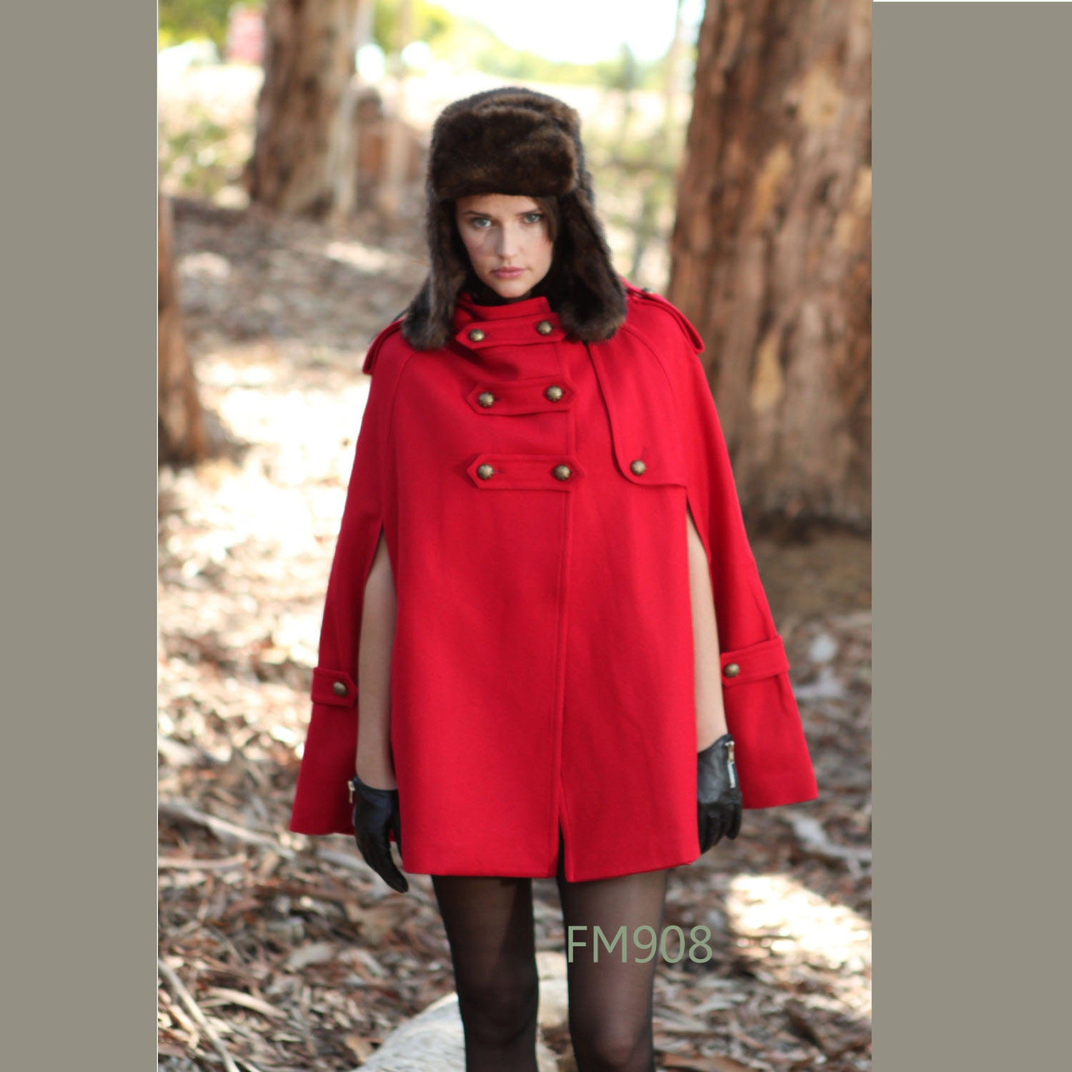 RED winter cape, Wool hoodie cape, double breasted hooded coat, winter cloak with hood , 70% wool , Size XS,S,M,L (FM003C)