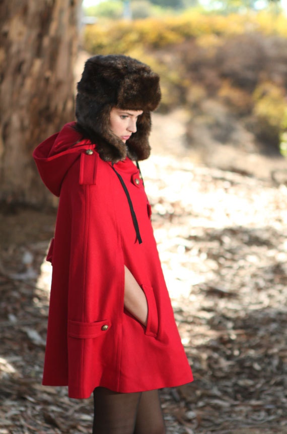 RED winter cape, Wool hoodie cape, double breasted hooded coat, winter cloak with hood , 70% wool , Size XS,S,M,L (FM003C)