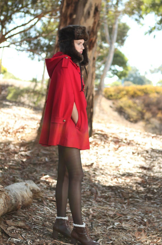 RED winter cape, Wool hoodie cape, double breasted hooded coat, winter cloak with hood , 70% wool , Size XS,S,M,L (FM003C)