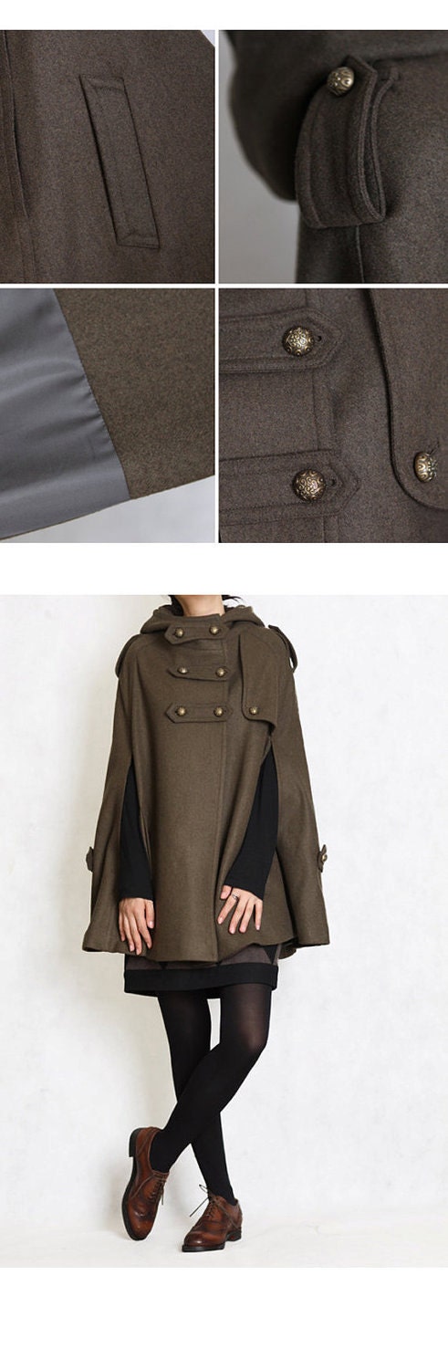 RED winter cape, Wool hoodie cape, double breasted hooded coat, winter cloak with hood , 70% wool , Size XS,S,M,L (FM003C)