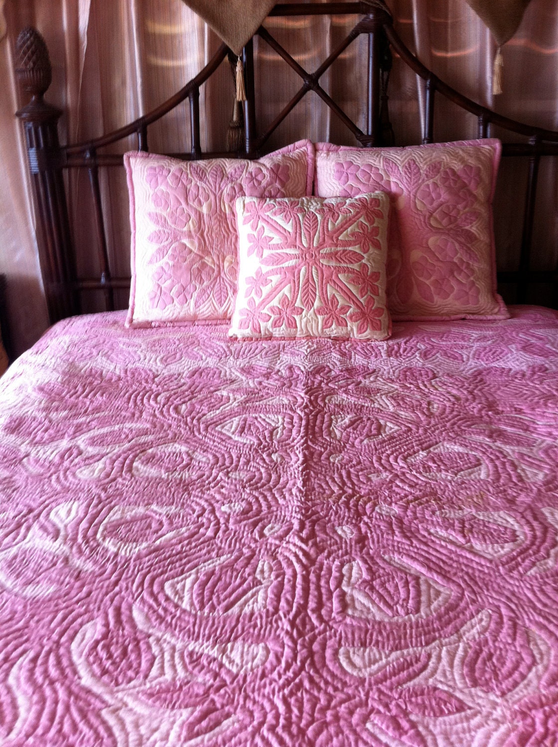 Vintage HAWAIIAN Pink Queen Size Quilt and Pillows TREASURY ITEM - Sale from 900.00