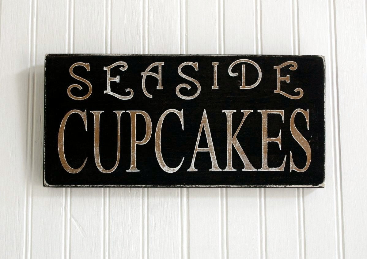 SALE - Seaside Cupcakes Vintage Style Advertisement Painted Wood Sign, Black,  11.5" x 5.5"  (kitchen, patisserie decor)