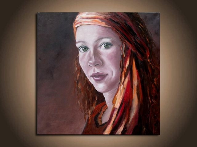 Oil painting - Original contemporary oil portrait painting with earth tone colours - Ready to hang - 15, 7" x 15,7"