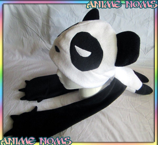 Panda Noms Plushie Hat - Antipill Fleece Black White Anime Warm Scarf Plush Bear Cute Kawaii Ears Cosplay Beanie Animal Adult Child Teen