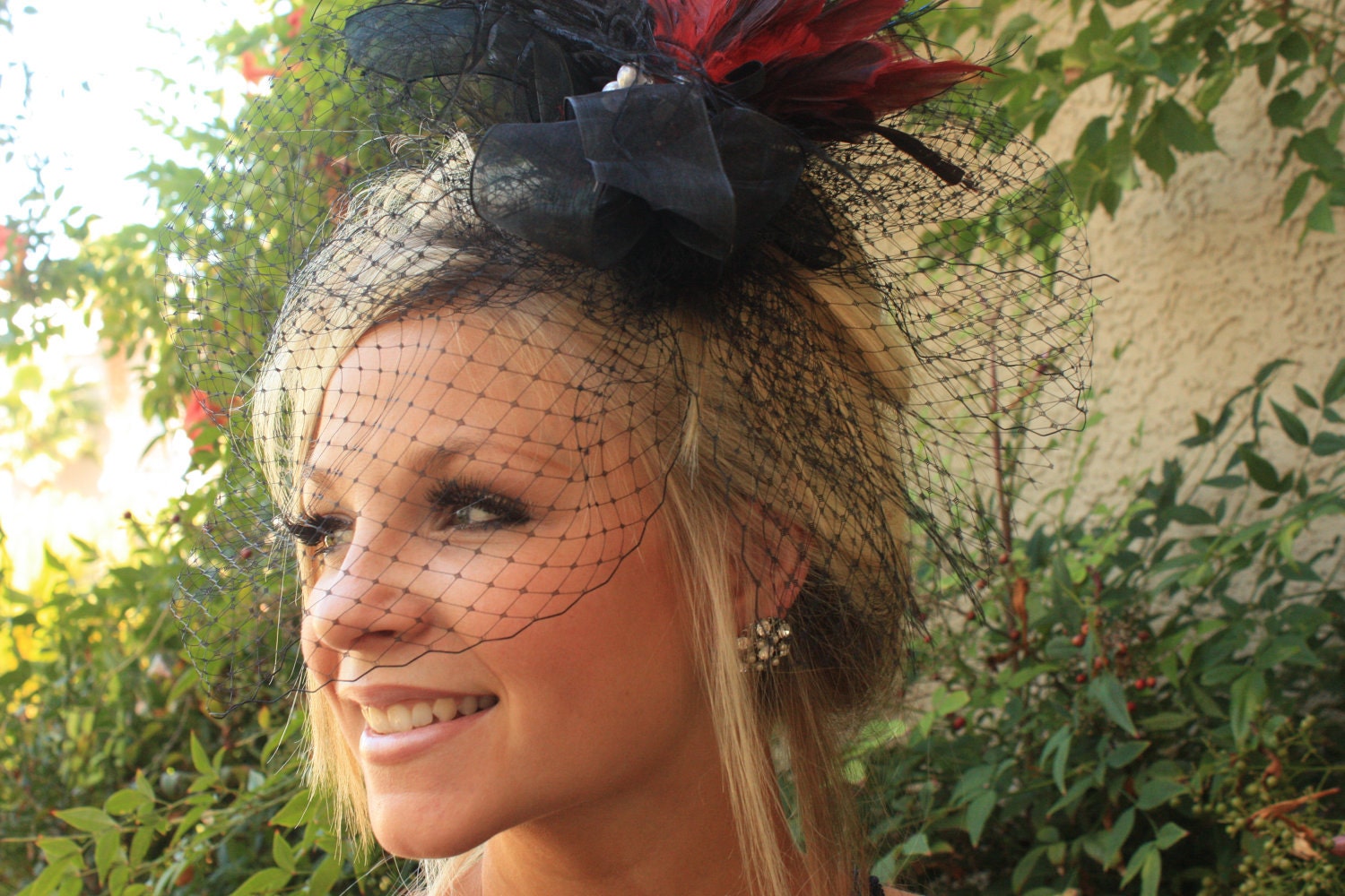 Black VINTAGE Fascinator, Feather Headpiece with BIRDCAGE VEIL from LasVegasVeils