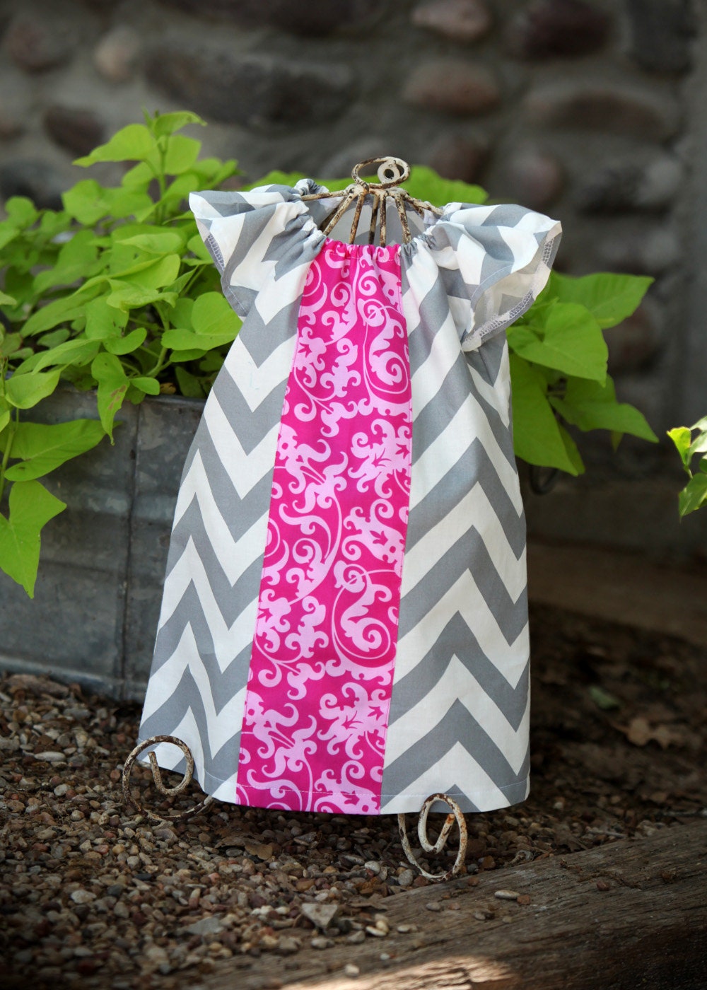 Infant Grey Chevron Peasant Ruffle Sleeve Dress with Pink Trim