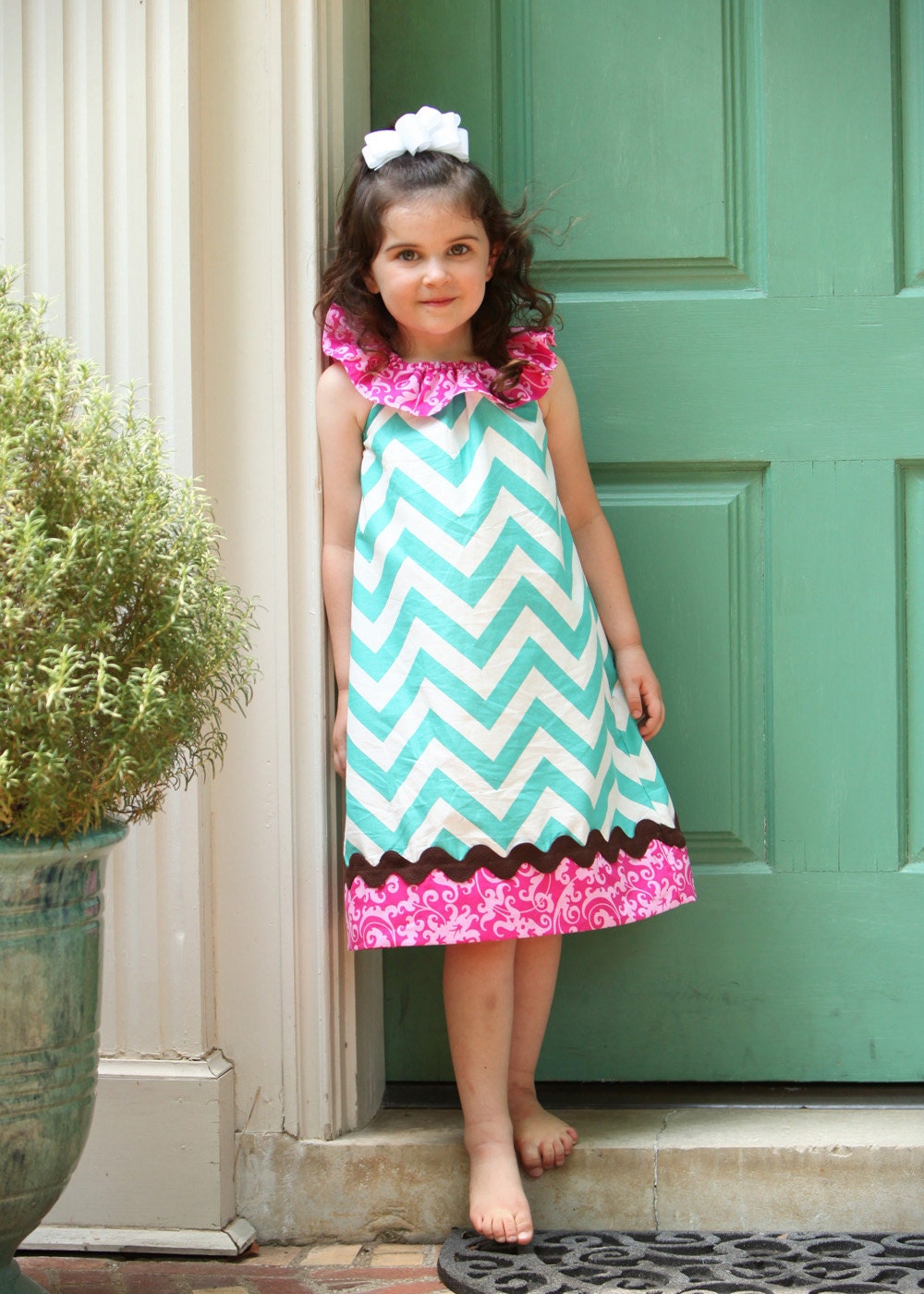 Turquoise & Pink Chevron Ruffle Dress with chocolate ric rac trim Size 6 or 7