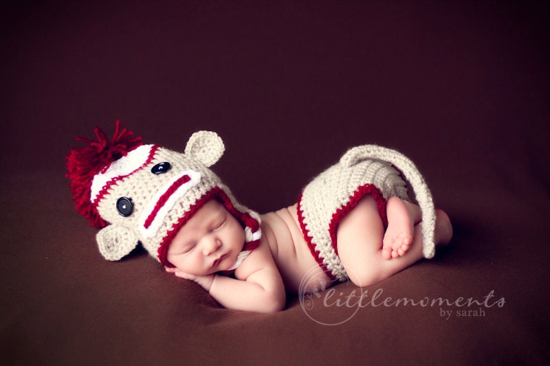 Baby Crochet Sock Monkey Set with Diaper Cover & Tail Photography Prop - Treasured Little Creations