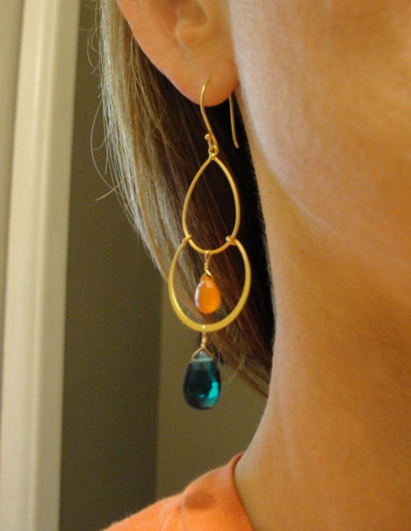 Teal quartz and orange chalcedony - gold chandelier earrings