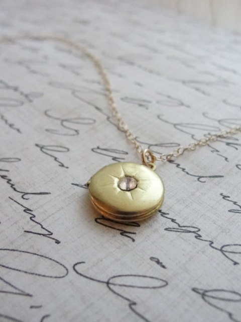 Small brass locket with crystal - small round locket on gold necklace - tiny locket