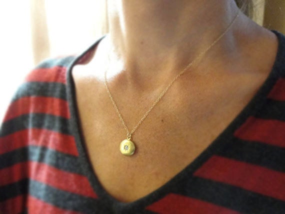 Small brass locket with crystal - small round locket on gold necklace - tiny locket