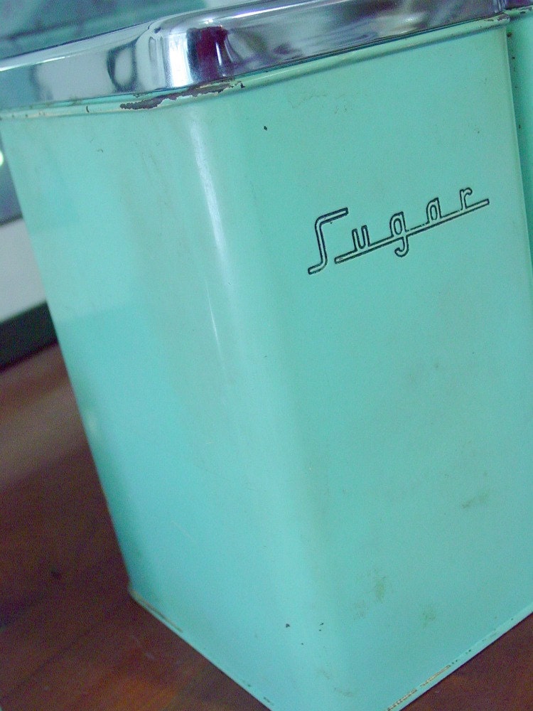 Retro Mid Century Canister Set 4 Pieces Green with Chrome Lids  1950s