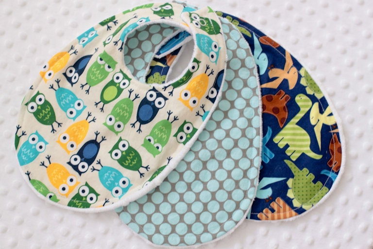 Baby Boy Bib Set of Three : On Soft Bubble Dot Minky / Urban Zoology Robert Kaufman / Modern Bibs / Baby bibs / Newborn Bibs
