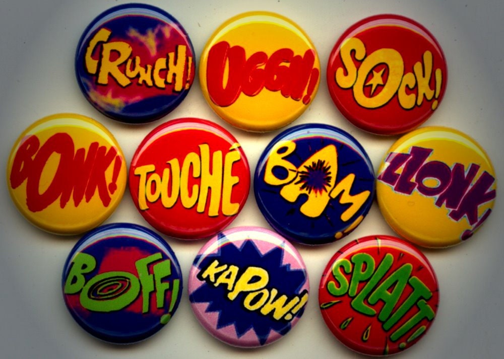 ACTION WORDS Comic Book Pow Bam 9 Pinback 1" Buttons Badges Pins