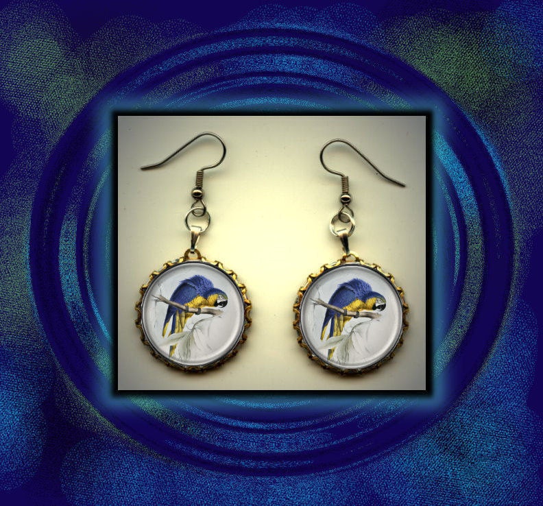 Blue Macaw Beautiful Parrot Art Brass Charm Earrings