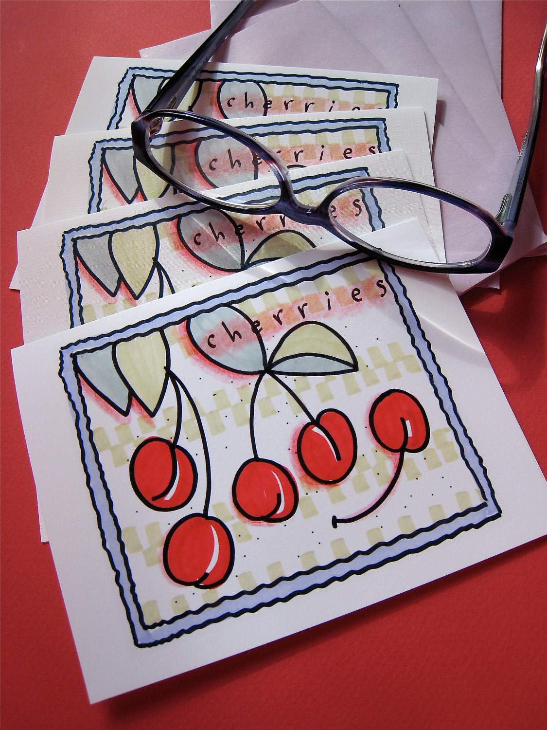 Cherries Note Cards. Modern Stationery. Red Fruit. Gift Boxed Notes