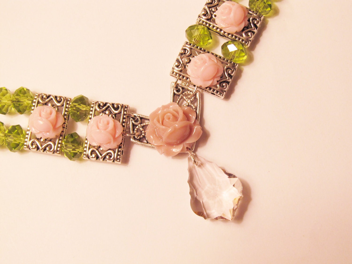 Pink Baroque Crystal Pendant Surrounded by Pink Roses, Spring Green Crystals and Pearls in this Wonderful Spring Necklace