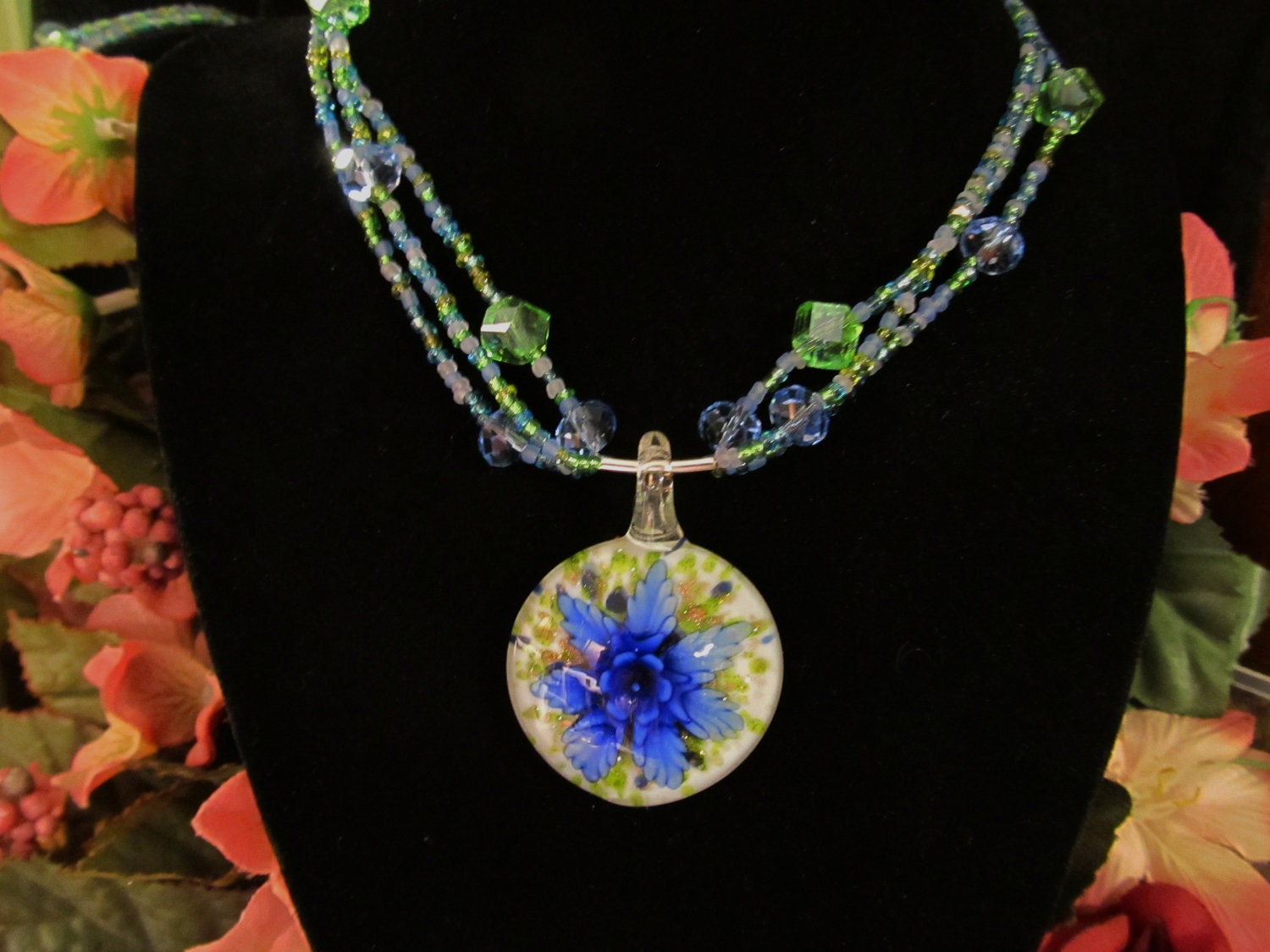 Memories of Summer Necklace II - Blue Glass Flower Pendant with Triple Strand Glass and Crystal Necklace