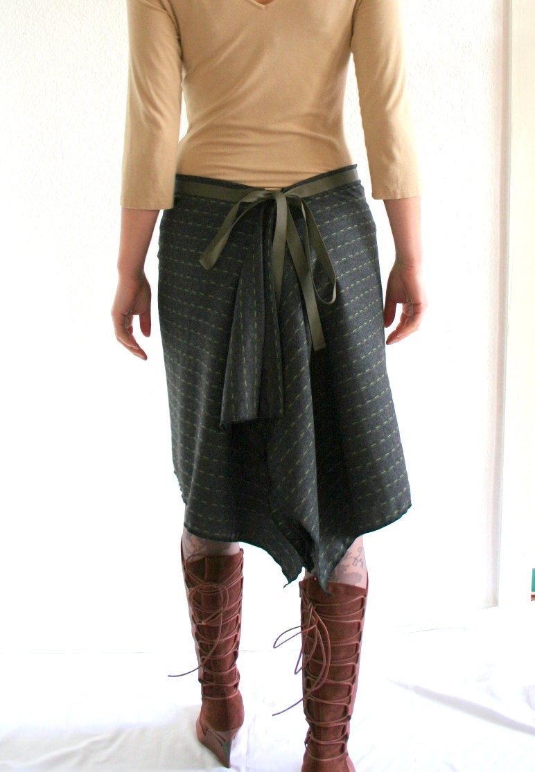 Woolen skirt - knee length mini - stripes - grey khaki green - wool - bow at back - medium size - US 8 - by Bartinki - READY to SHIP