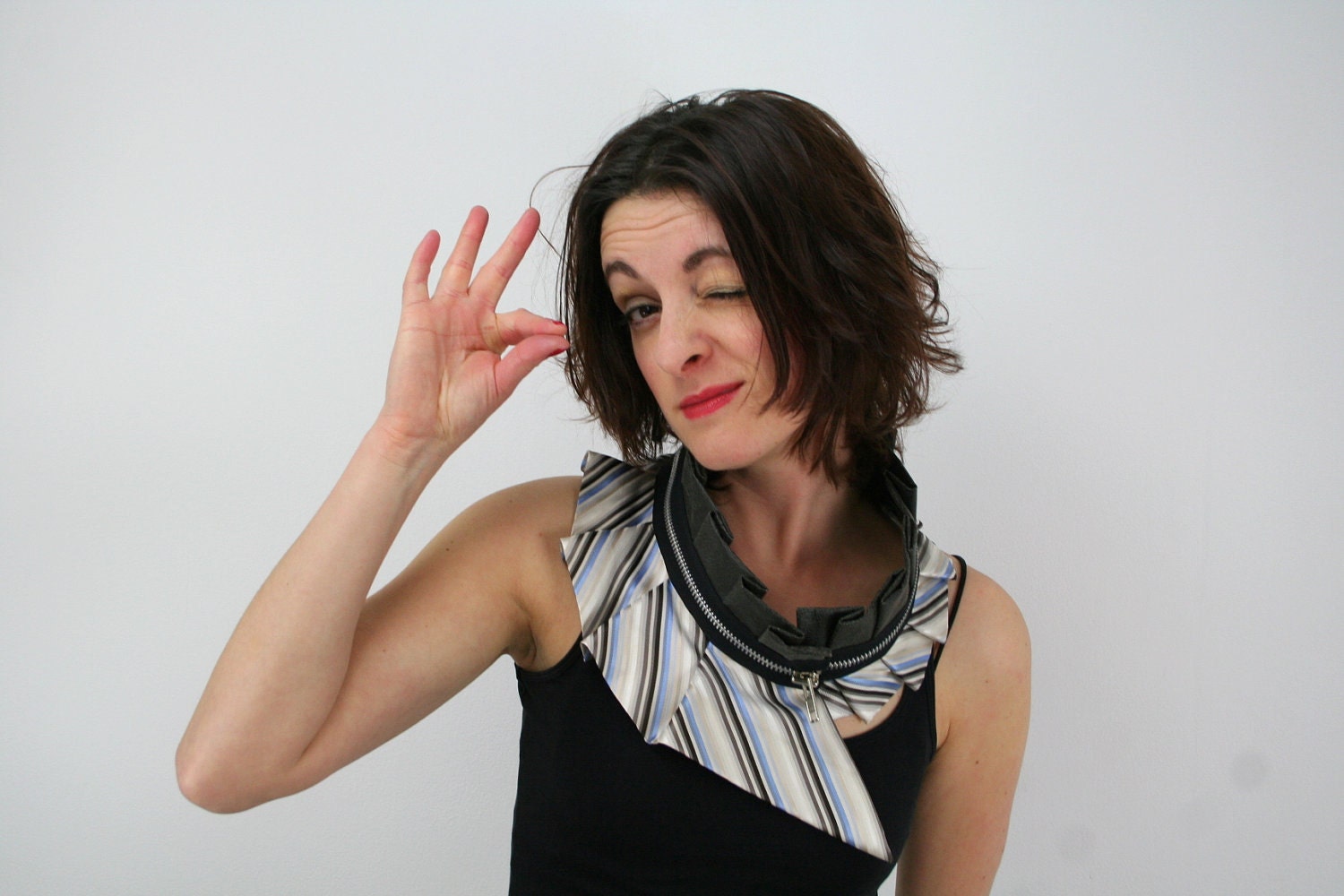 RESERVED Upcycled silk collar - zipper collar - unique piece - stripes and faux leather - one size