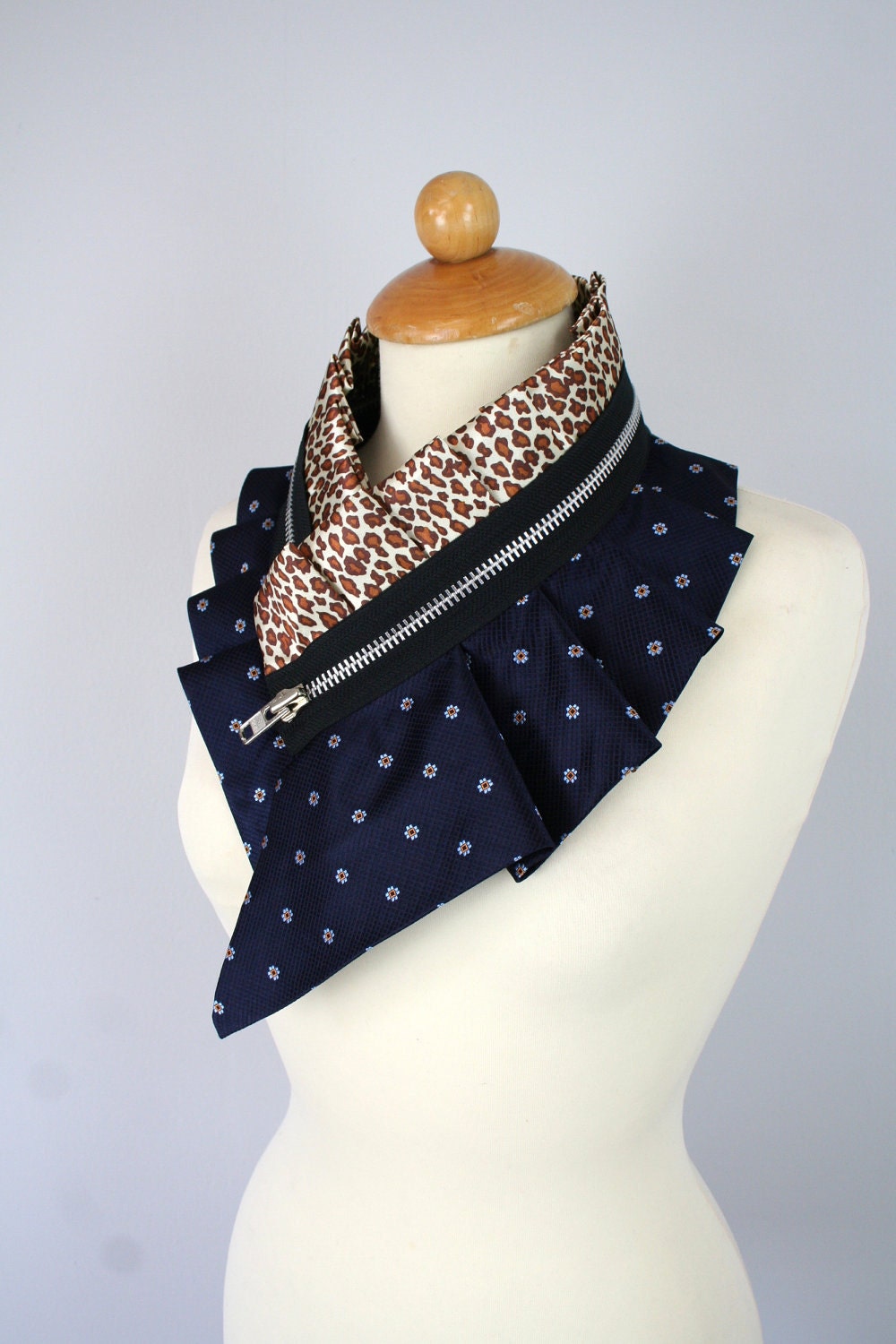 Animal print collar from upcycled silk in dark blue and animal print satin with black zipper, sophisticated collar necklace