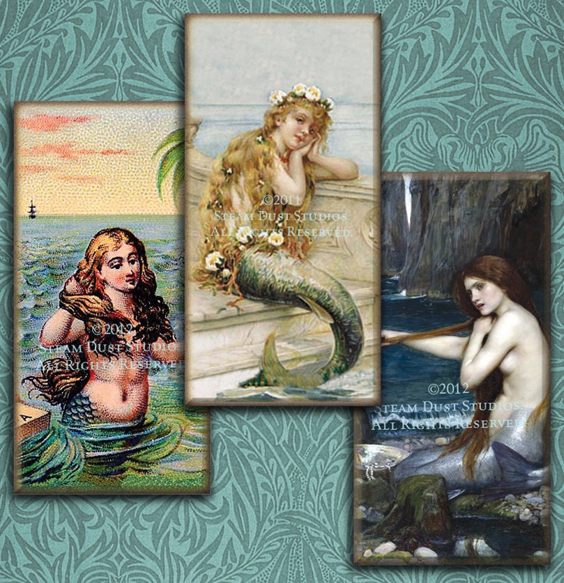 Vintage & Victorian Mermaids - 1x2 inch Domino Tile Images - Digital Collage Sheet - Download and Print - steamduststudios