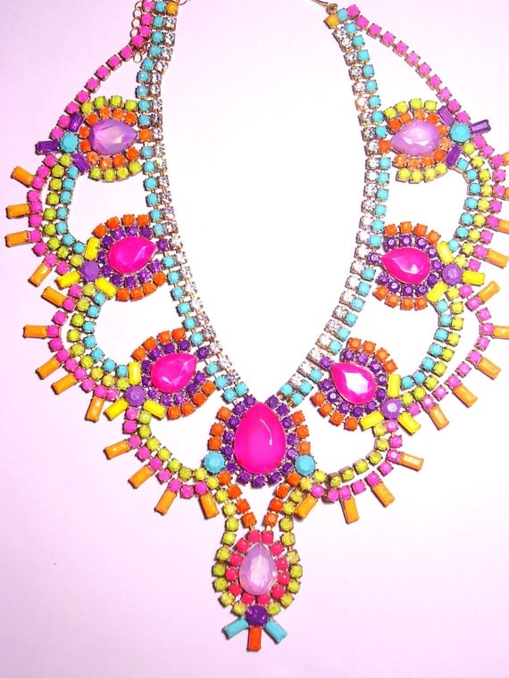 One of a Kind Pastel and Neon Handpainted Vintage Rhinestone Necklace (Example)