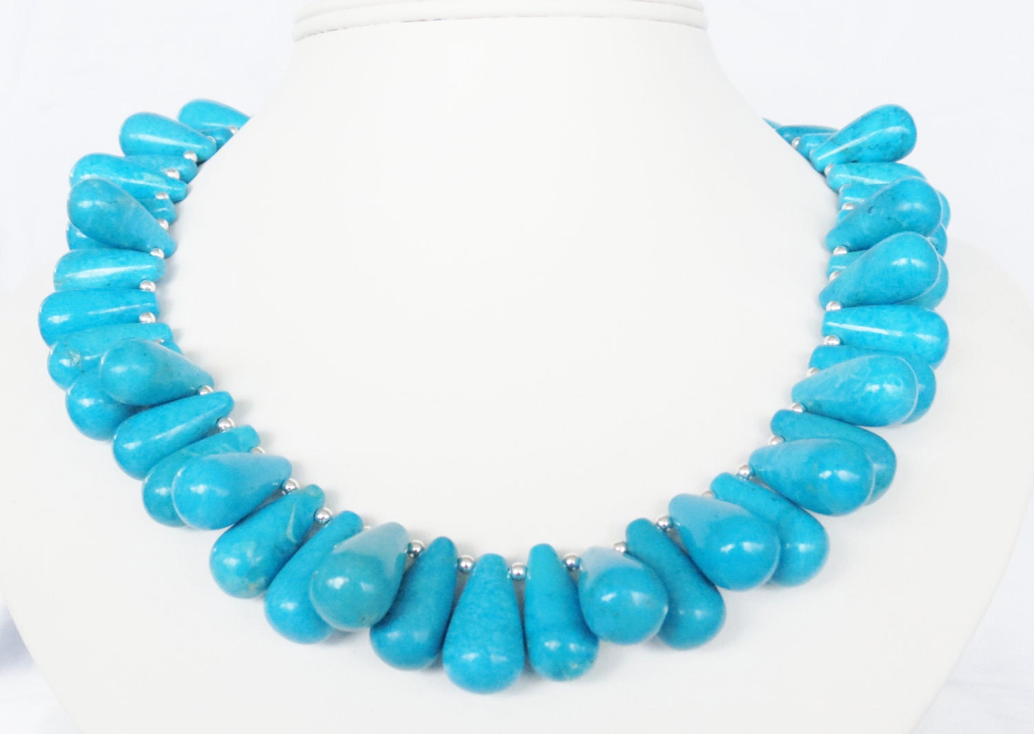 Chunky Genuine Chalk Turquoise Necklace - Turquoise Teardrop Briolette Statement Necklace