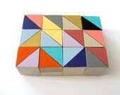 12 Color Block Magnets - Hand Painted Wood Blocks in BARCELONA SET (Gray, Yellow, Blue) - Geometric, Triangles, Color Block