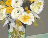 Original Floral Still Life Painting / 10 x 8" / "Yellow Meets Gray" / OOAK Acrylic on Canvas Painting / Yellow, Gray, Teal