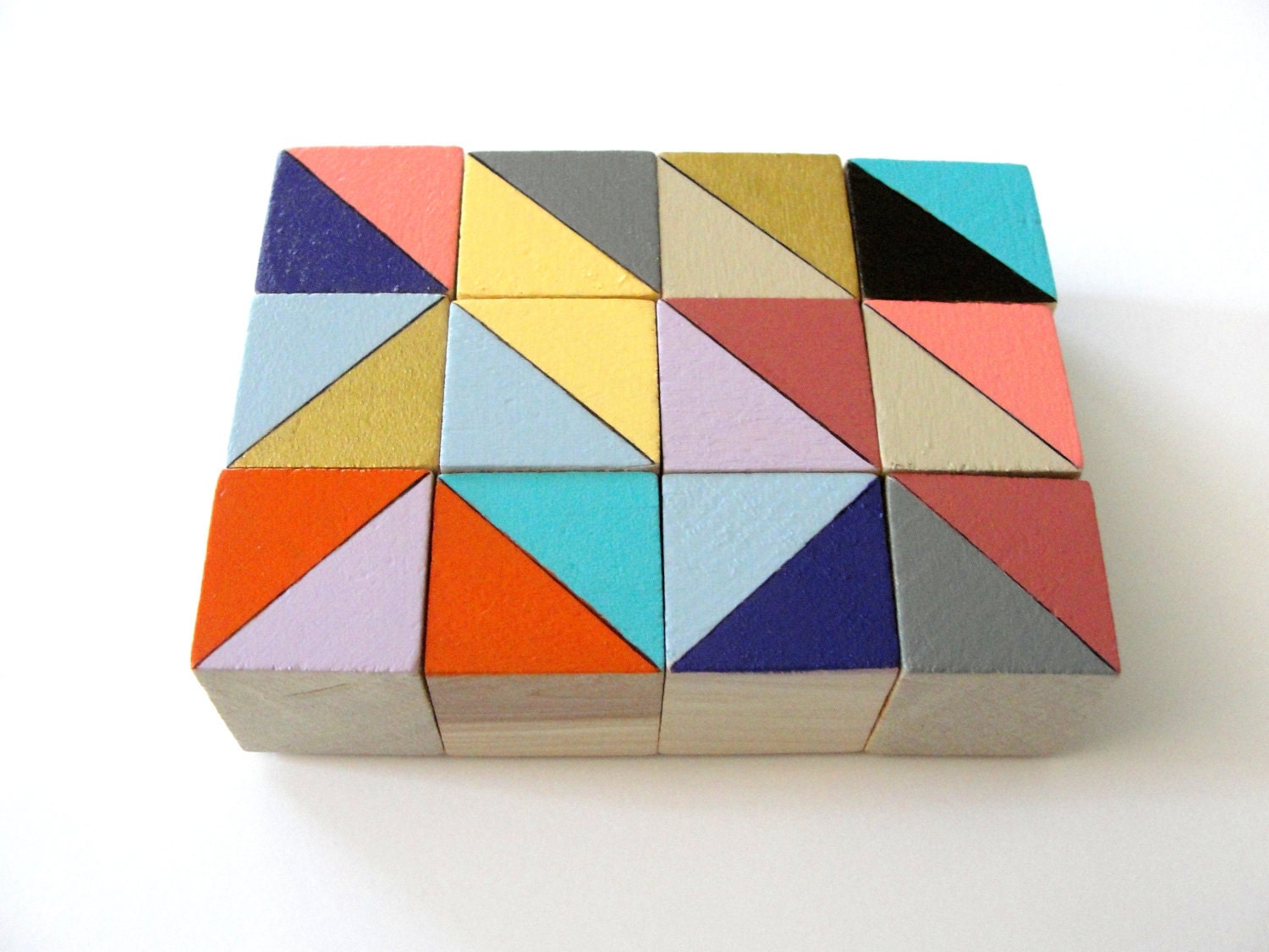 12 Color Block Magnets - Hand Painted Wood Blocks in BARCELONA SET (Gray, Yellow, Blue) - Geometric, Triangles, Color Block
