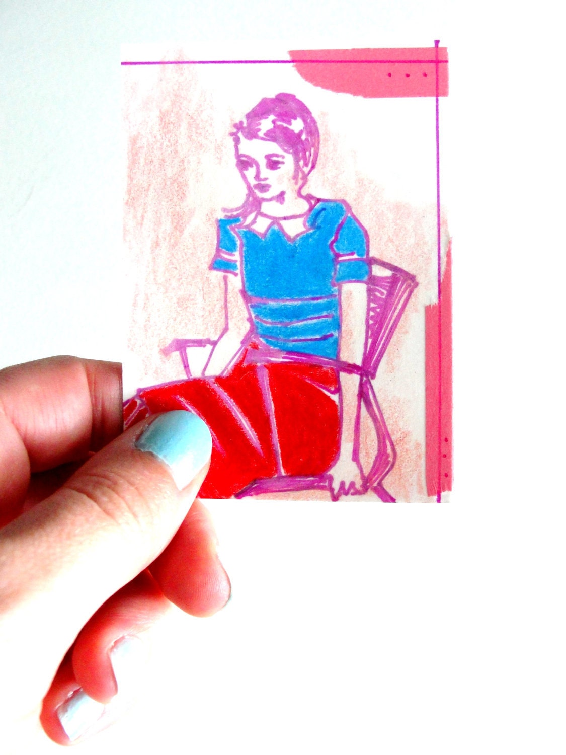Original ACEO Portrait - Miniature Drawing - OOAK Drawing - Pink, Cobalt, Red
