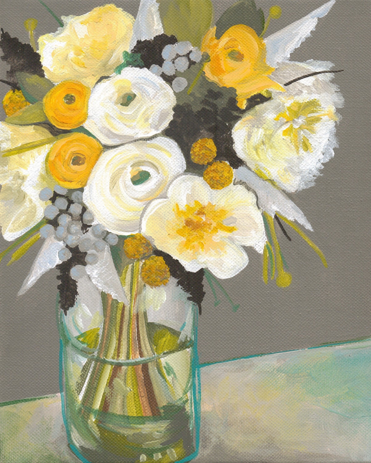 Original Floral Still Life Painting / 10 x 8" / "Yellow Meets Gray" / OOAK Acrylic on Canvas Painting / Yellow, Gray, Teal