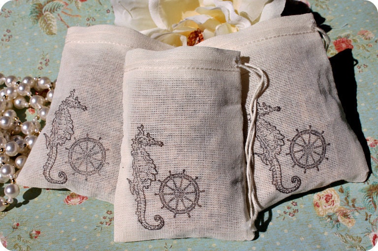 Nautical Muslin Favor Bags- Sea Horse- Nautical Theme- Set of 10