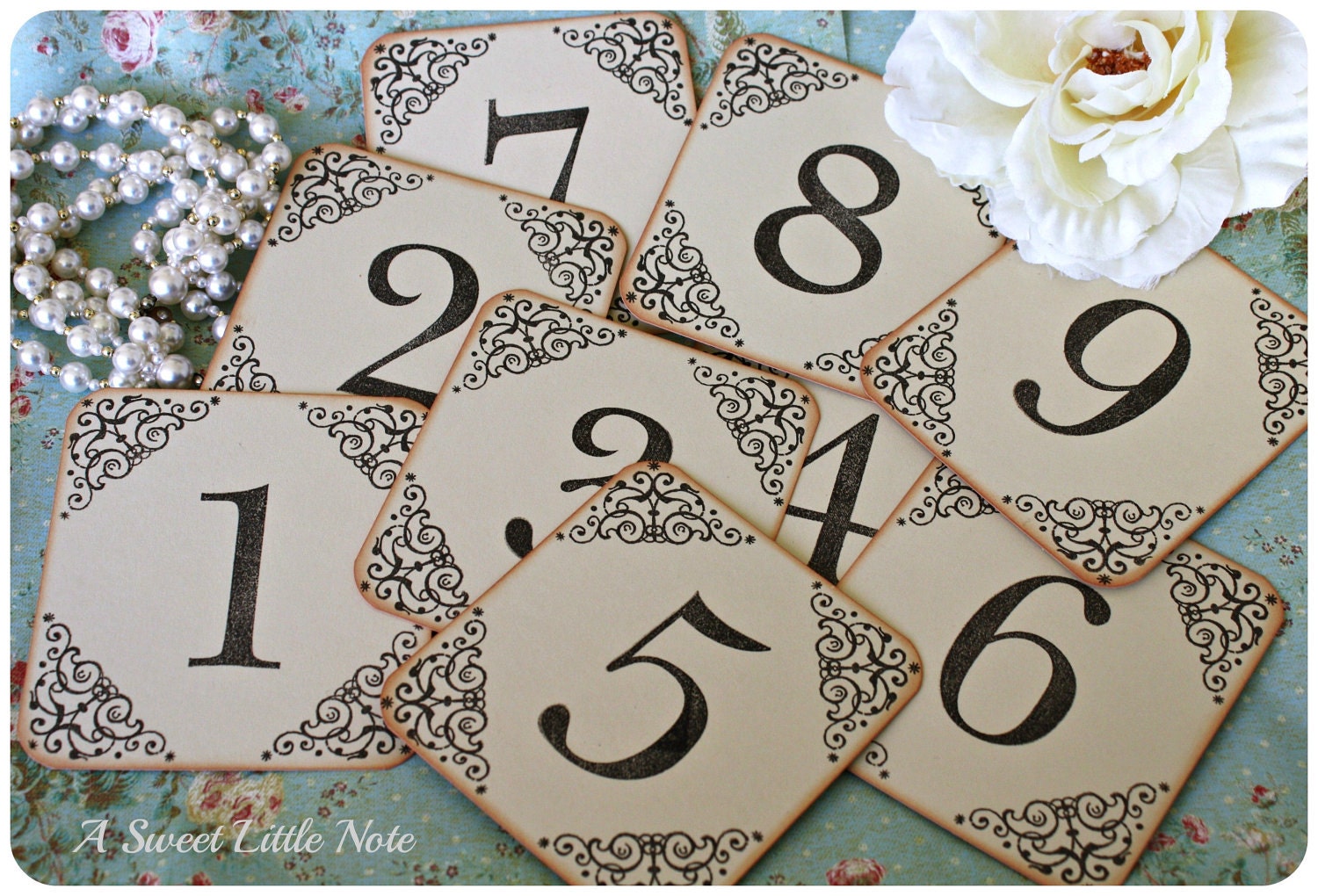 Wedding Table Number Cards- Vintage- Set of 9- Espresso Brown