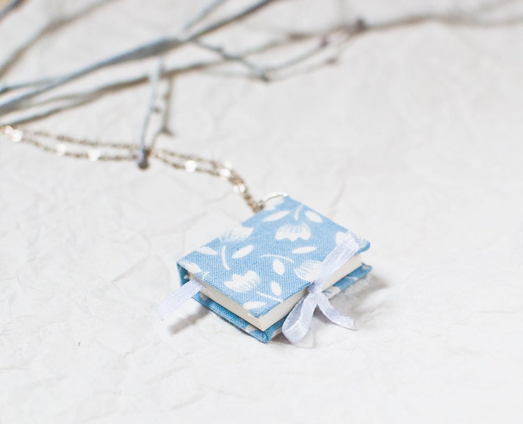 Tiny blue book necklace -  Floral pendant - Valentines day