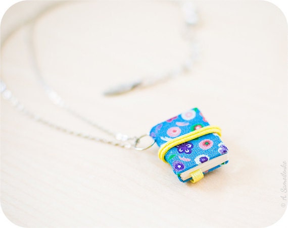 Tiny turquoise book necklace - floral pendant