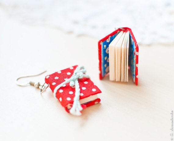 Tiny red polka dot book earrings - handmade jewelry