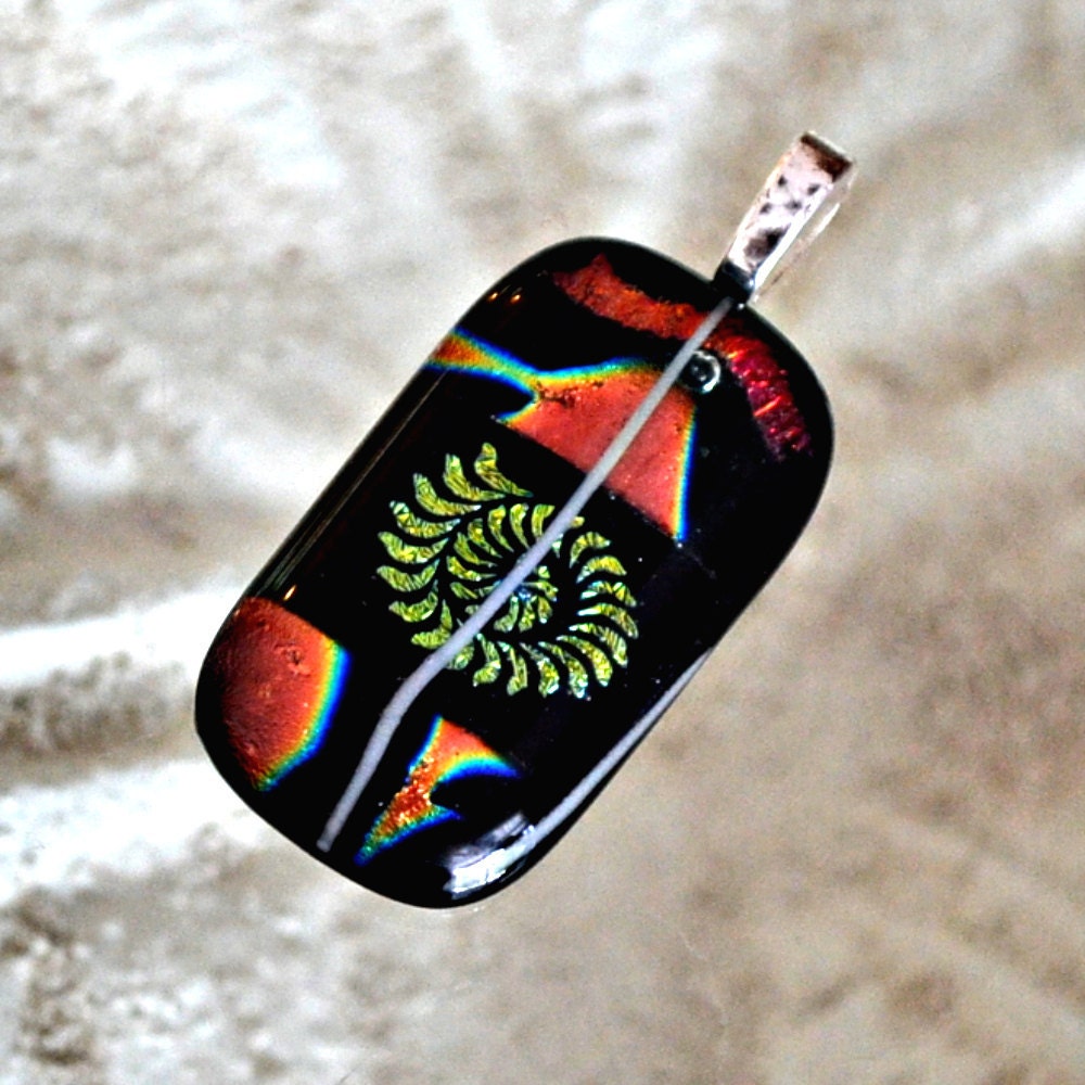 fused dichroic kaleidoscope pendant.  Copper & Gold  on Black. OOAK