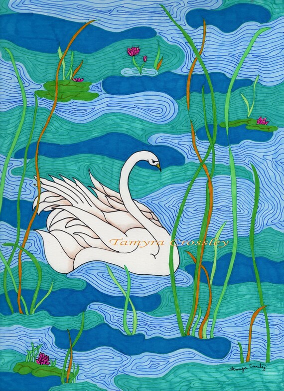 Swan Lake Pen Ink and Marker Art by Tamyra Crossley.