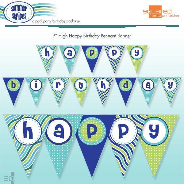 Printable Pool Party Happy Birthday Banner - DIY Print - Summer Stripes - Ocean Il_170x135