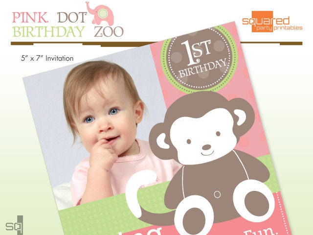 Monkey Jungle Safari Zoo Invitation - Pink Dot Birthday Zoo Party - DIY Printable - Do it Yourself Print Il_570xn