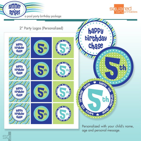 Pool Party Cupcake Toppers - Favor Tags - Printable Birthday Party Logo Package - DIY Print - Summer Stripes - Ocean Il_570xn